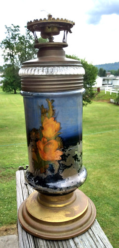 Antique Mid 1800's Reverse Painted Glass & Brass Oil Lamp~ Rare
