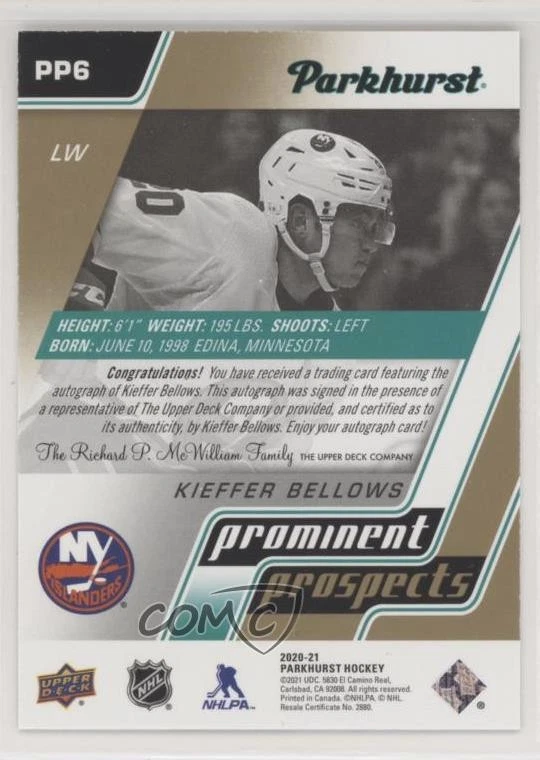 2020-21 Parkhurst Prominent Prospects Gold Kieffer Bellows #PP6 Rookie Auto RC - Image 2 of 2