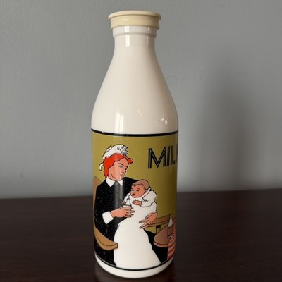 EGIZIA (ITALY) VINT CERAMIC OPAQUE WHITE MILK BOTTLE, W/GRAPHICS NURSE & CHILD