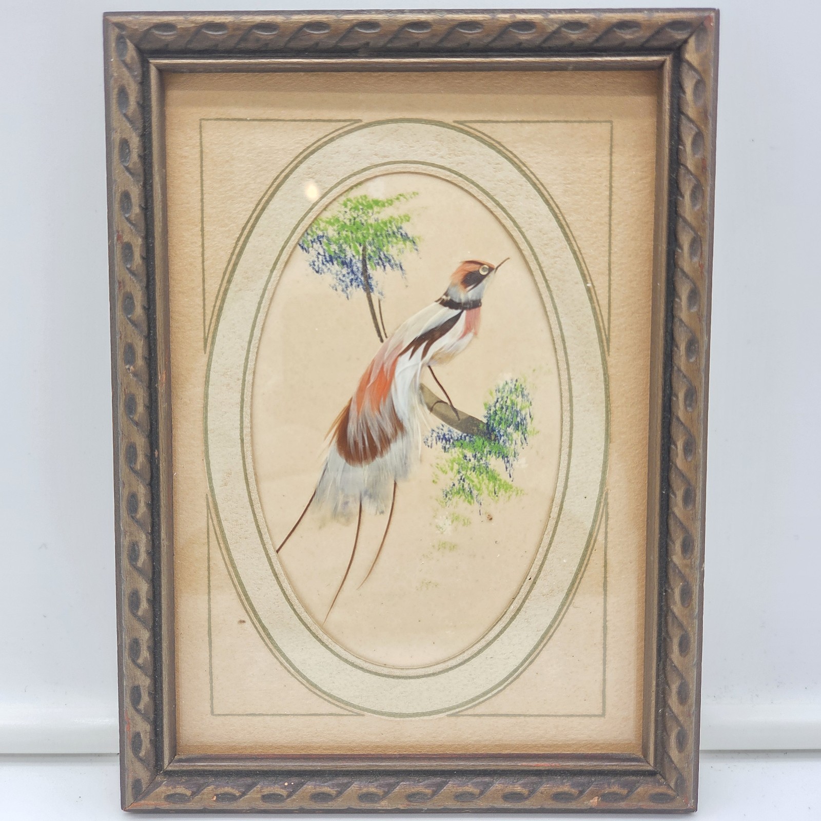 Vintage 1960's Handmade Feather Art Bird Pictures — Pair — 6" x 7.5" Framed Folk