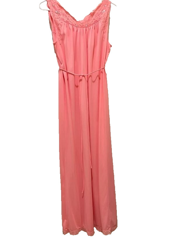 Shadowline Nightgown & Robe Set - Nylon & Lace - Peach Coral - Small ~ Made USA
