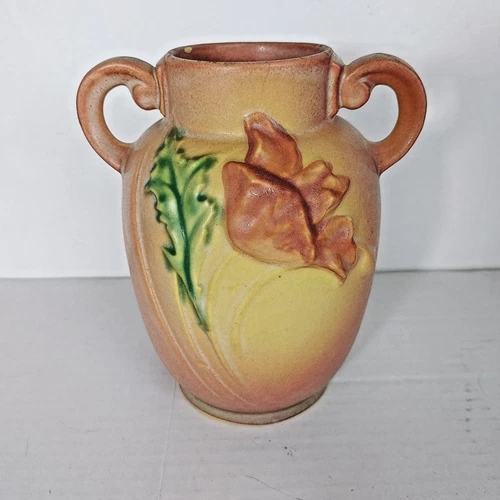 Roseville Magnolia Poppy Vase/Urn with Double Handles Vintage Pink/Yellow