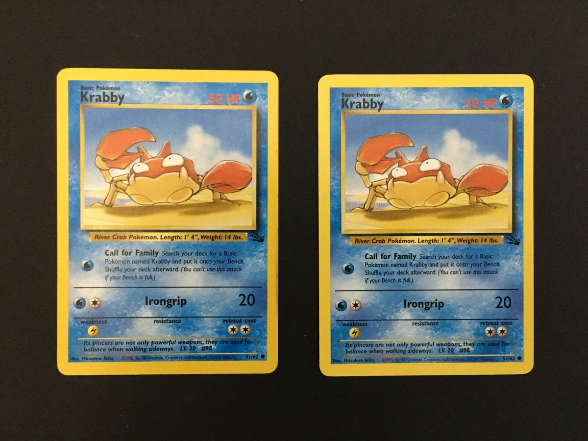 2) Pokemon Krabby 51/62 - Fossil Set - Excellent Condition