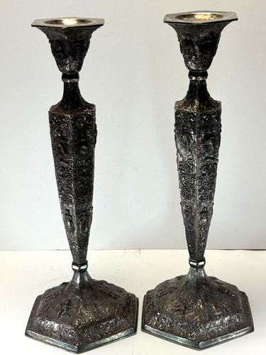 Vintage Barbour Intl. Silver Dutch Repousse Ornate Silverplate Candlesticks Pair - Picture 7 of 18