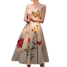 Womens Summer Flower Embroidered Retro A-line Sleeveless Waist Slim Strap Dress
