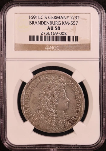 1691 Germany Brandenburg 2/3 Thaler "Friedrich III" - NGC AU58 - Superb Strike!