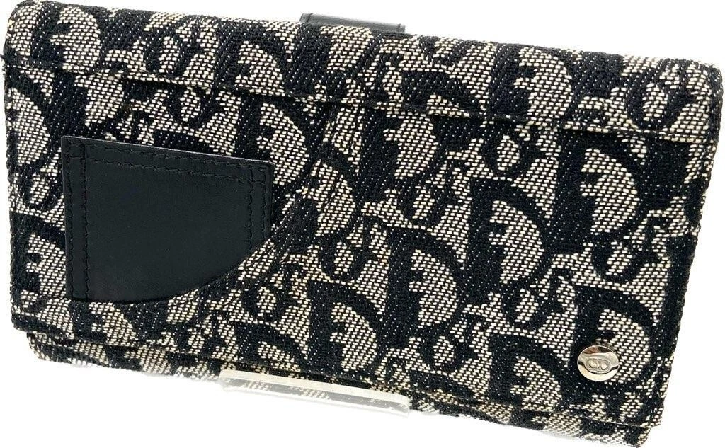 Portefeuille long Christian Dior trotteur avec crochet jacquard bleu marine motif total femme