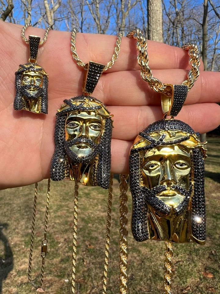 Black MOISSANITE 14k Gold Vermeil 925 Silver Iced Jesus Piece Pendant Necklace - Image 2 of 4