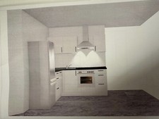 schöne helle Küche mit dunkler Arbeitsplatte inkl. Einbaugeräte