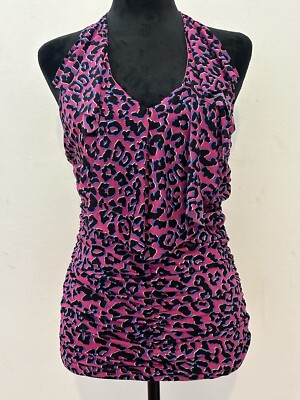 Y2K Hot Pink Blue and Black Leopard Print 2000s Mesh Ruched Halter
