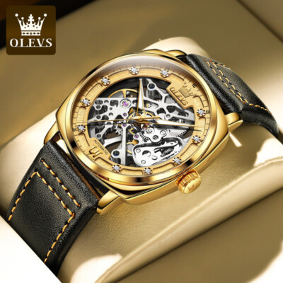 OLEVS Men's Auto Mechanical Luxury Watch Leather Band Waterproof Gems Hollow Box