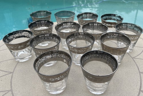 VTG Atomic MCM Rocks Glass 14 Pc Lot Silver Band Canonsburg Temporama Lowball - Picture 3 of 11