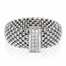 925 Solid Sterling Silver CZ Station Italian Popcorn Chain Band Ring