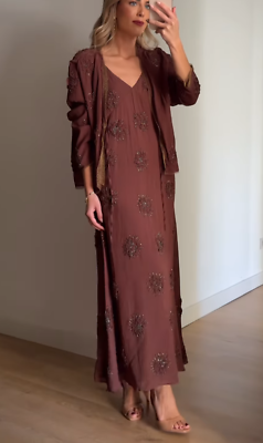 Zara Long Beaded Slip Dress With Embroidery Chocolate Size L Large 7521/067  New | eBay UK