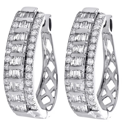 10K Weißgold Jeans Baguette Diamant Oval Klappbar Reifen Kuppel Ohrringe 1.50 CT - Bild 1 von 4
