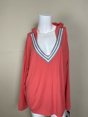 Free Press women's Sweatshirt V Neck Hoodie In Coral Pink Size S stripe details