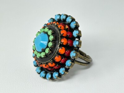 Beautiful KONPLOTT Brass Blue Green Orange Rhinestone Adjustable Ring