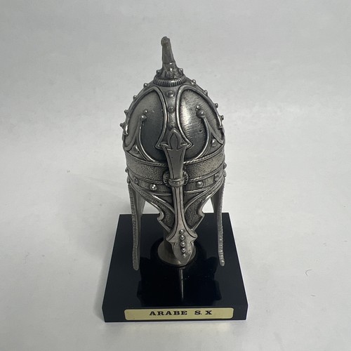 Miniature 4” Helmet Knight Medieval Arabe S X ON Stand Pewter Broken Tip