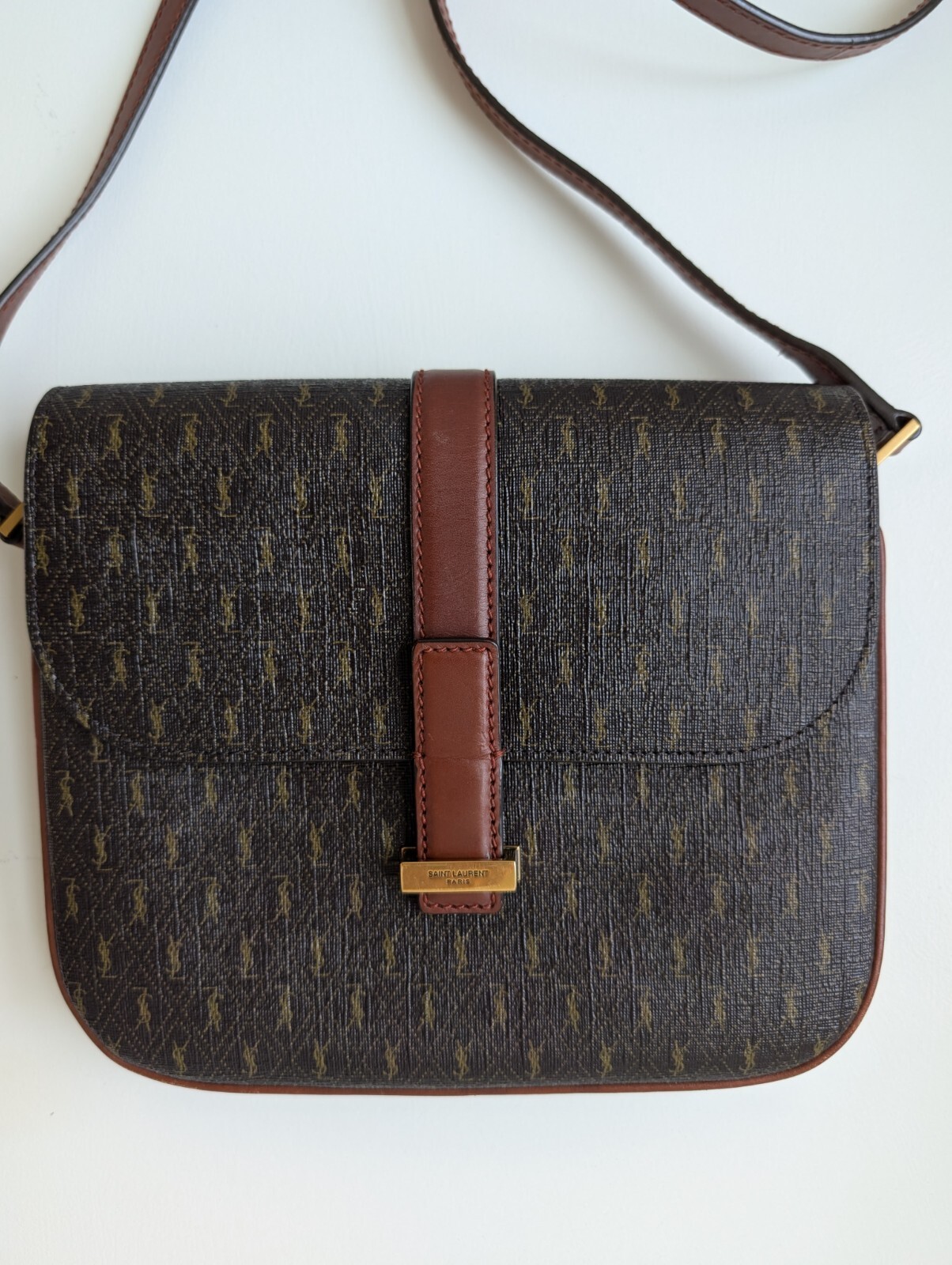 Autentica borsa Saint Laurent 2021 marrone monogramma tela pelle marrone usata in ottime condizioni