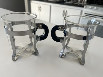 Pair of 2  Vtg BODUM Bistro Chambord Glass Mugs Stainless Steel Black Handles