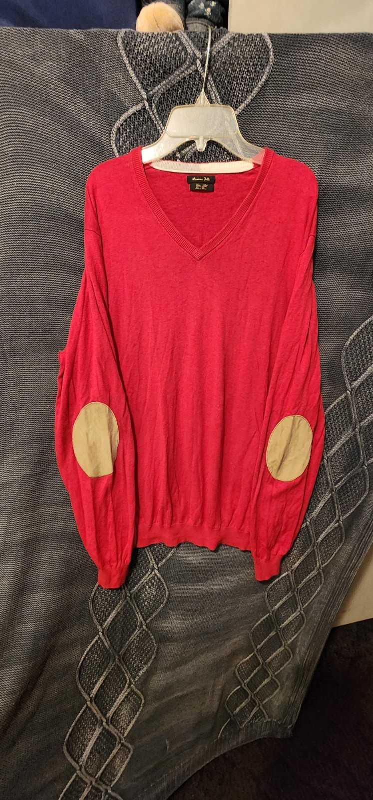 Men's Massimo Dutti Cotton Silk Sweater, Color Red, Leather Elbow Patches,vneck