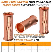 12PCS 0 Gauge Bare Copper Butt Splice Connectors