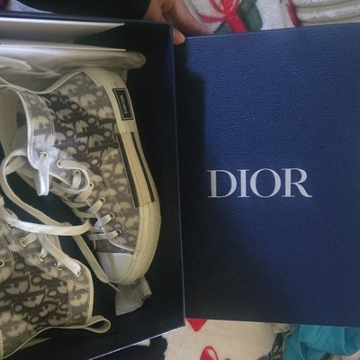 Dior B23 High-Top Sneaker Logo Print Lace-Up Gray White Polyurethane