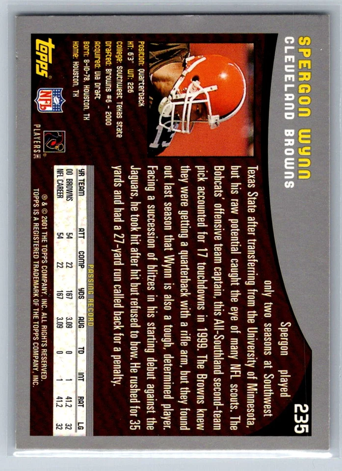 Spergon Wynn 2001 Topps Cleveland Browns #235 - Image 2 of 2
