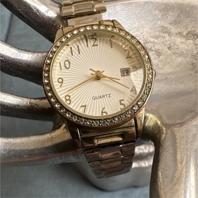 Gold Tone Quartz Bracelet Watch Gem-Set Bezel Analog Textured Dial Dress Formal