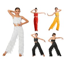 US Girls 2 Piece Latin Dance Set Fringe Tassels Tango Modern Ballroom Dancewear