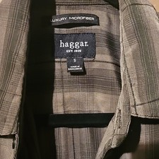 Haggar Men's Gray Plaid Microfiber Dress Shirt Collared Button Long Sleeve S