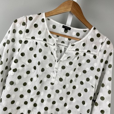 Talbots Petites Popover Top Womens MP Olive Green White Polka Dot 100% Cotton