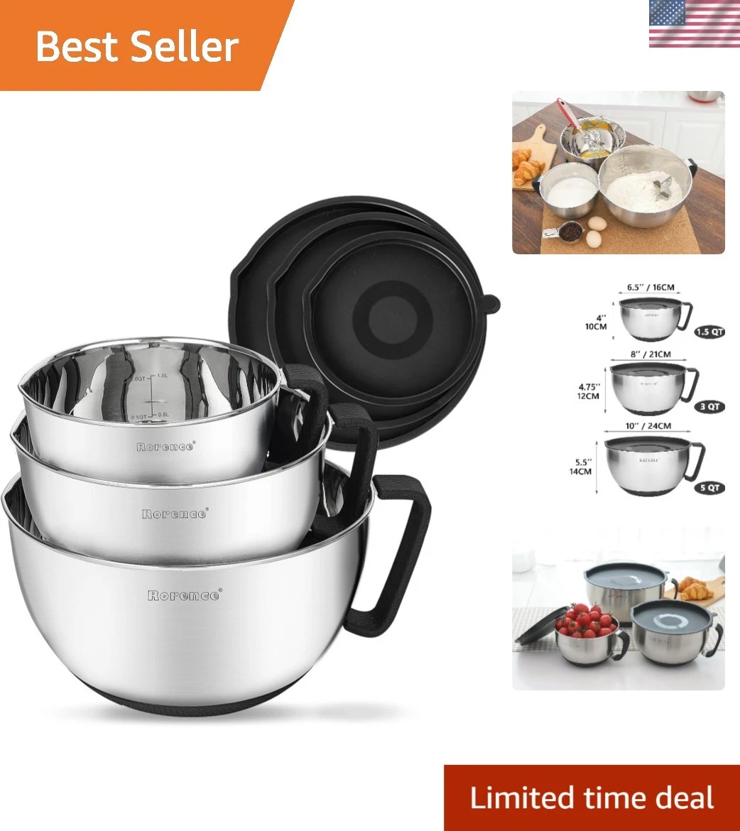 3-Size Mixing Bowls Set: Non-Slip, Stainless Steel with Handles & Lids - Black
