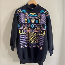 Vintage 80s Abstract Art Tunic Sweatshirt Oversized Graphic Black S