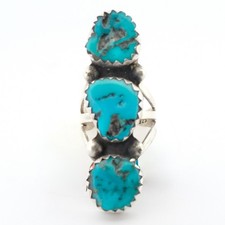 RUSTIC II Natural Turquoise Sterling Silver 3-Stone Ring, US 5.5