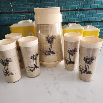 Vintage MCM Thermo-Serv Insulated Pitcher & 5 Glasses Set - ''Tahitian Holiday''