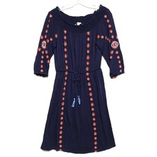Loft Off Shoulder Embroidered Navy Dress S Tassel Boho Peasant Cinched Tie Waist