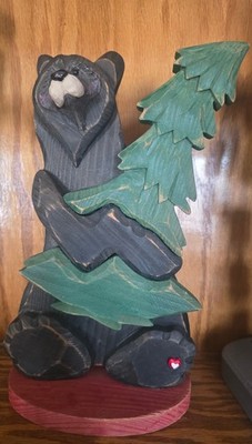 Black Bear Carved Wood Tree Figurine Rustic Wildlife Lodge Cabin Decor 10.5''