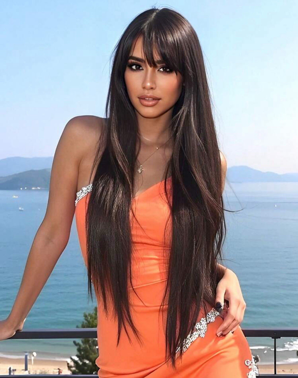 Perruque brun foncé longue femme aspect naturel cheveux lisses dégradés haut de gamme