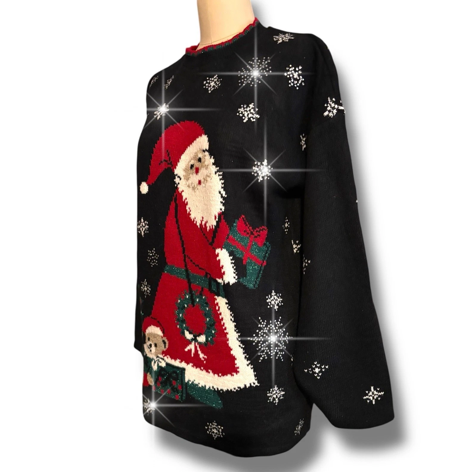 Nutcracker Ugly Christmas Sweater Santa Rhinestone Blizzard Snowflakes Sz Large