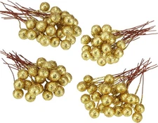 BBTO Artificial Holly Berries, 100 Pieces Mini 10 mm Fake Sequined Gold 
