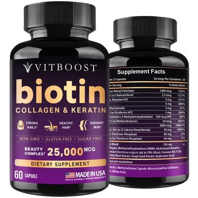 VITBOOST Biotin with Hyaluronic Acid, Collagen and Keratin   25000 mcg Hair G...