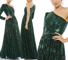 NWT$698 Mac Duggal [ 2 ] 5508 Sequin One Shoulder A Line Gown Emerald Green