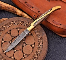 HANDMADE DAMASCUS STEEL FOLDING POCKET KNIFE CAMEL BONE & BRASS HANDLE 1262