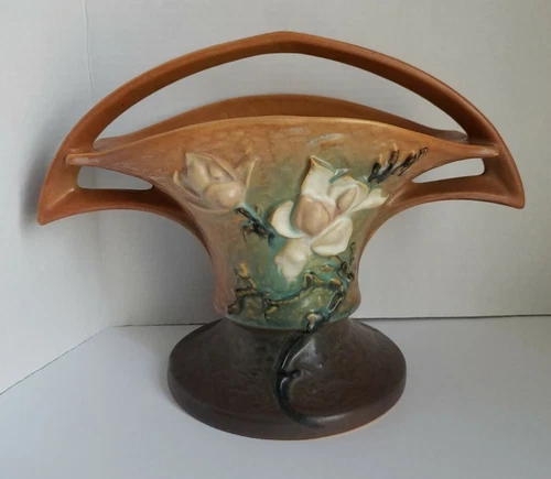 Vtg Roseville Pottery Magnolia Double Handled Brown Vase Basket Floral 385 10"
