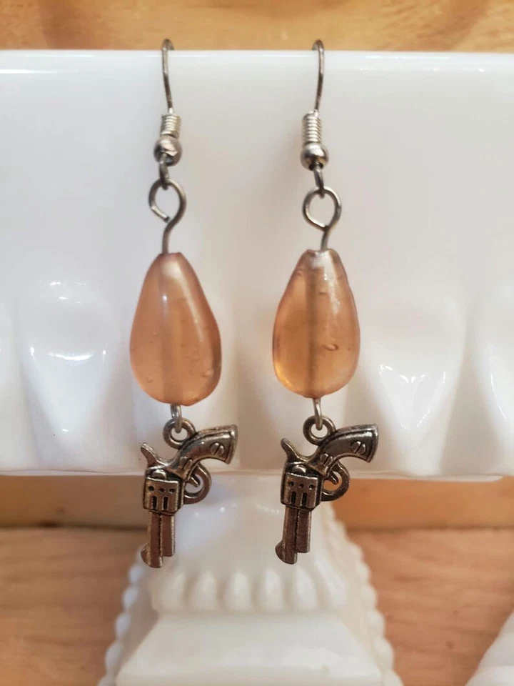 Wild West Tibetan Silver Gun charms brown beaded 2.75" dangle earrings - Image 4 of 4