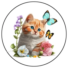 CAT KITTEN WITH BUTTERFLIES FLOWERS ENVELOPE SEALS LABELS STICKERS PARTY FAVORS