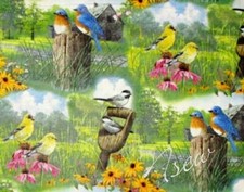 SONG BIRD Garden Flower Scenic Fabric Chickadee Goldfinch Bluebird Quilt BTY