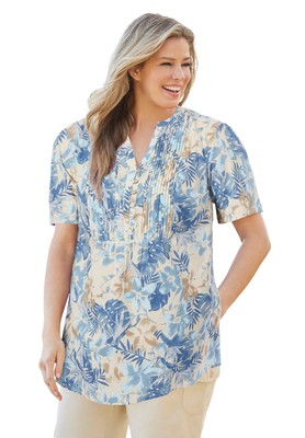 Woman Within Plus Size Pintucked Half-Button Tunic