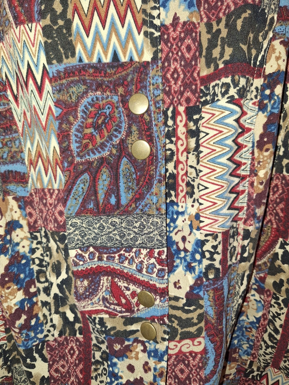 CJ Banks Velvety Patchwork Snap Button Blouse Bla… - image 5